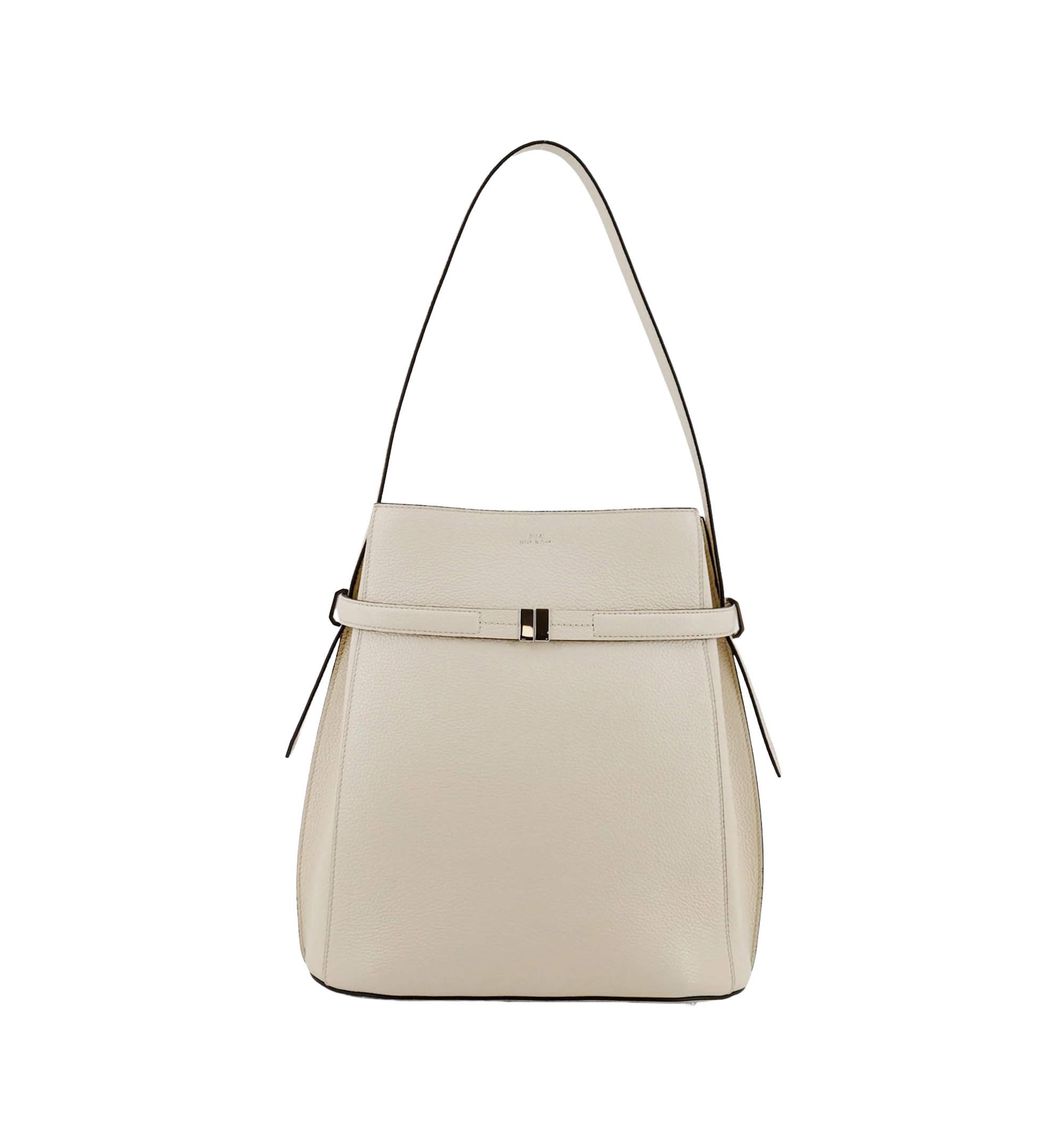 Hammered leather bucket bag with strap on the front