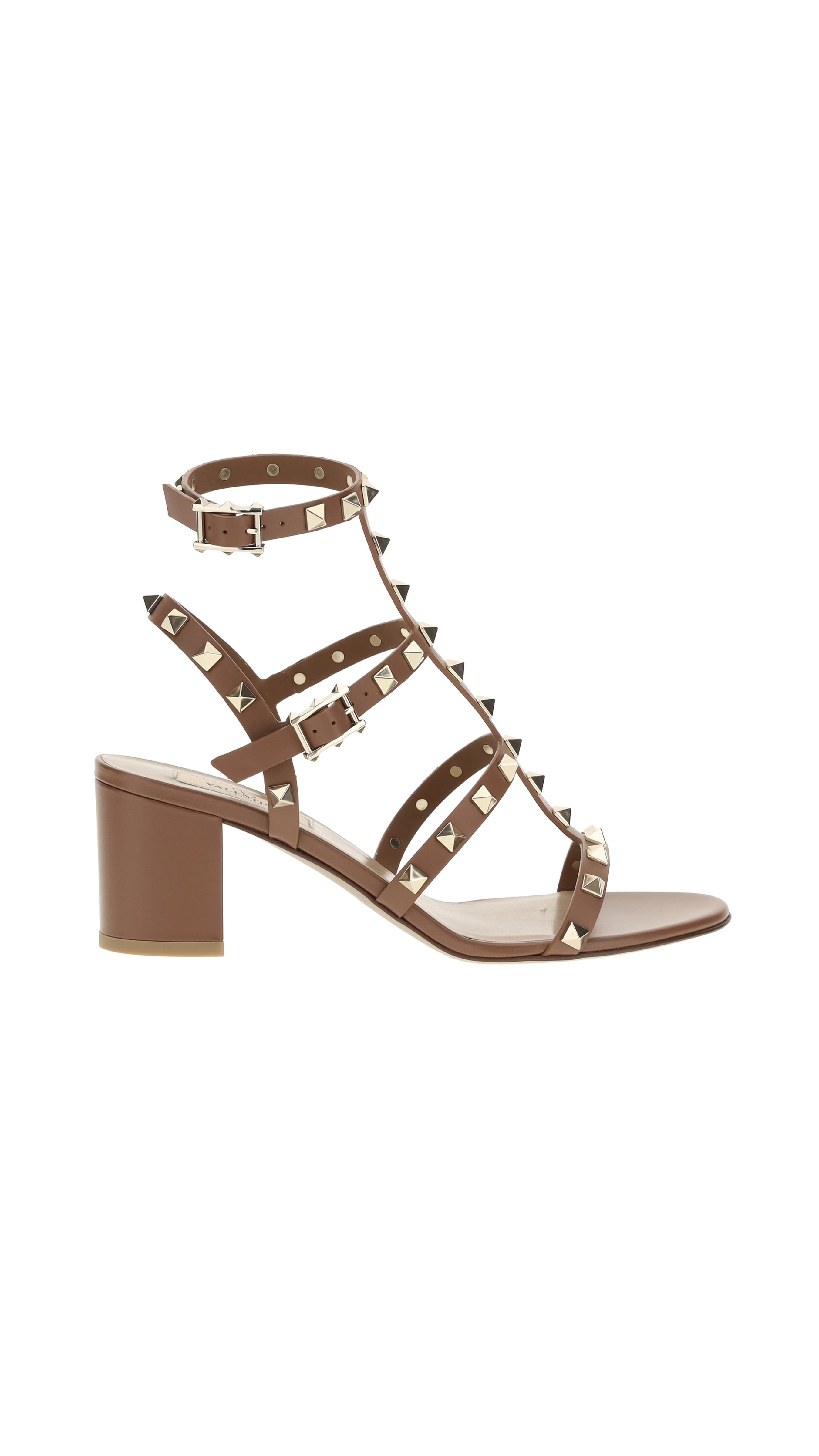 Rockstud Calfskin Ankle Strap Sandal 60MM - Tobacco