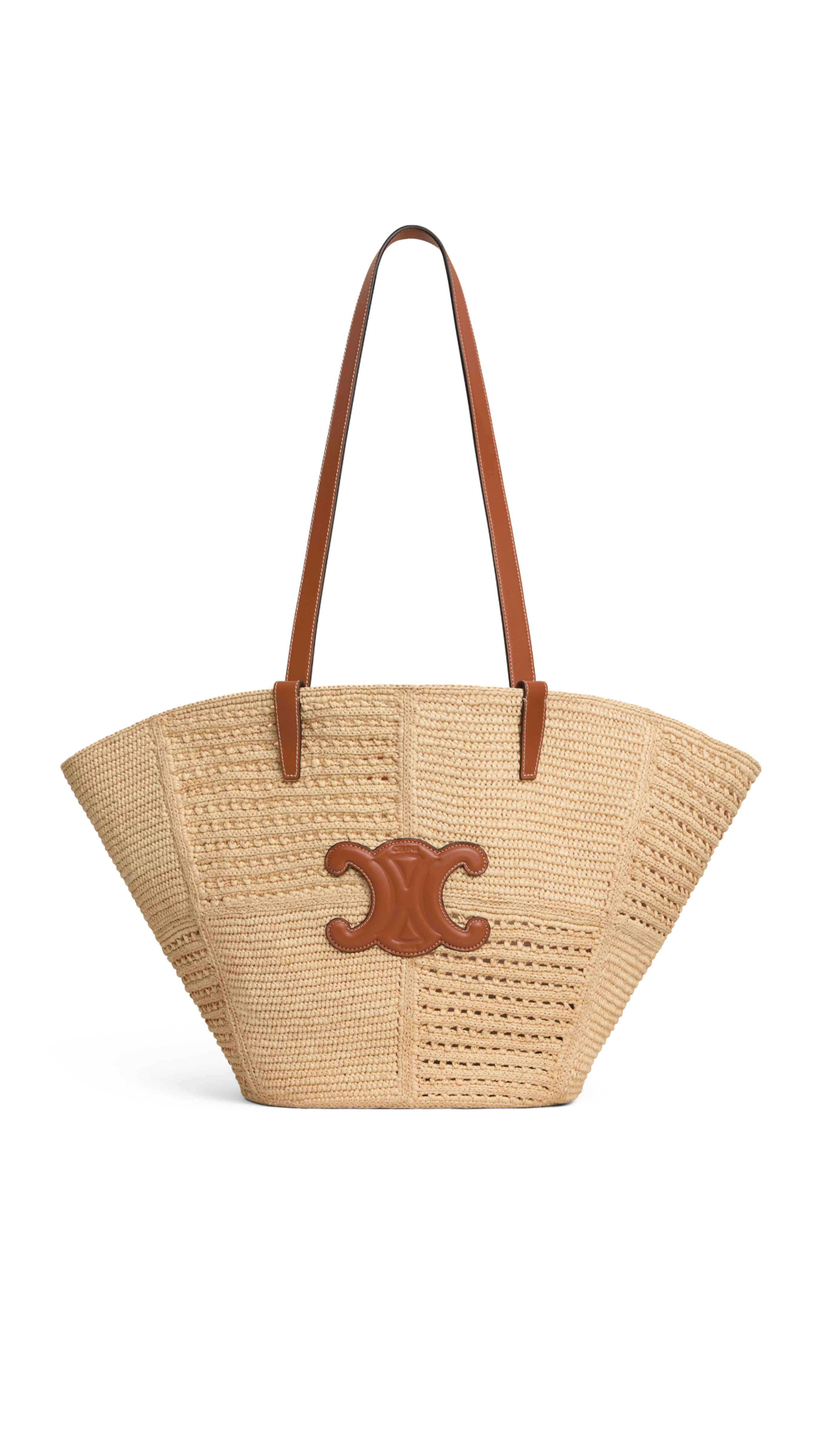 Classic Medium Panier Couffin in Raffia Patchwork and Calfskin - Natural/Tan