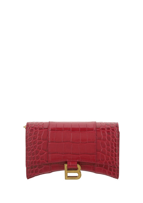 Hourglass Wallet In Shiny Crocodile Embossed Calfskin - Raspberry