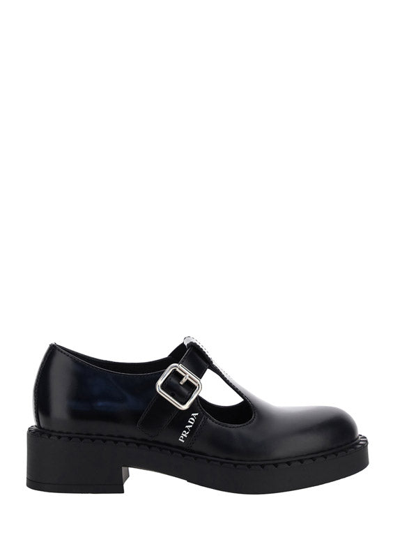 Brushed Leather Mary Jane T-strap Shoes - Black