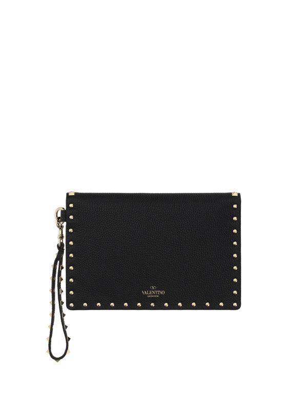 Rockstud Grainy Calfskin Pouch - Black