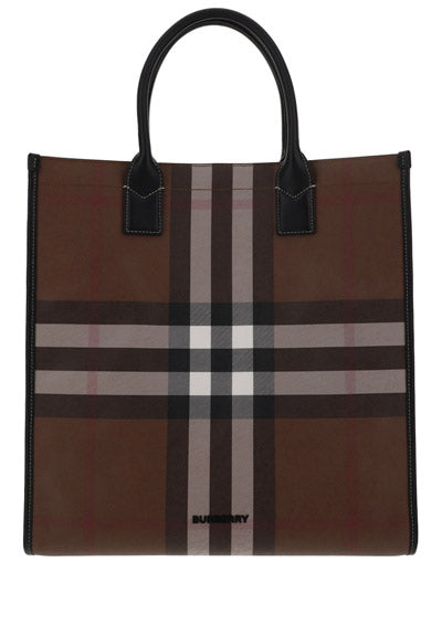 Check and Leather Tote - Dark Birch Brown