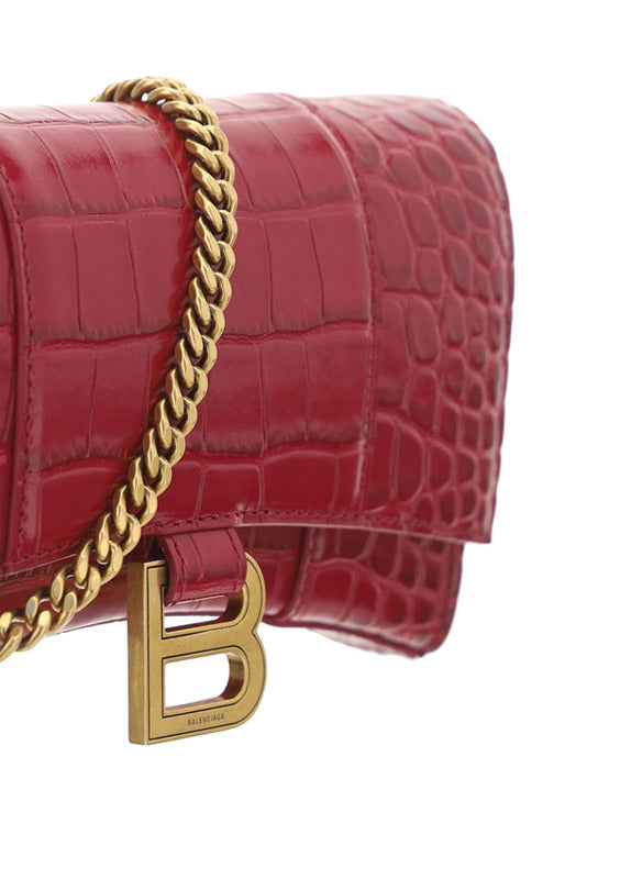 Hourglass Wallet In Shiny Crocodile Embossed Calfskin - Raspberry