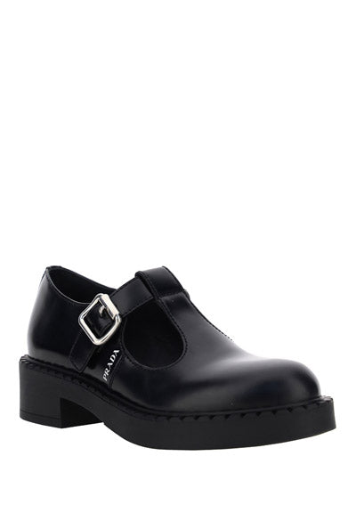 Brushed Leather Mary Jane T-strap Shoes - Black