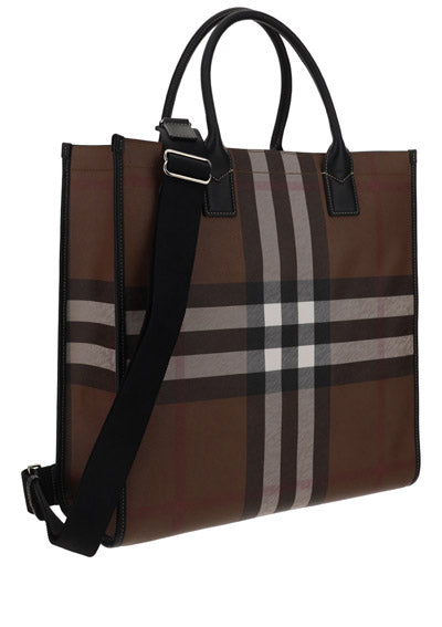 Check and Leather Tote - Dark Birch Brown