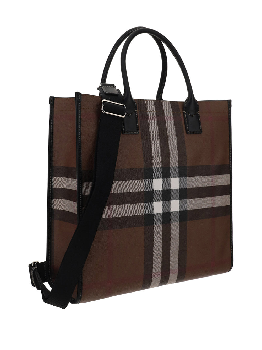 Check and Leather Tote - Dark Birch Brown