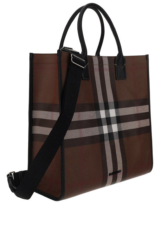 Check and Leather Tote - Dark Birch Brown