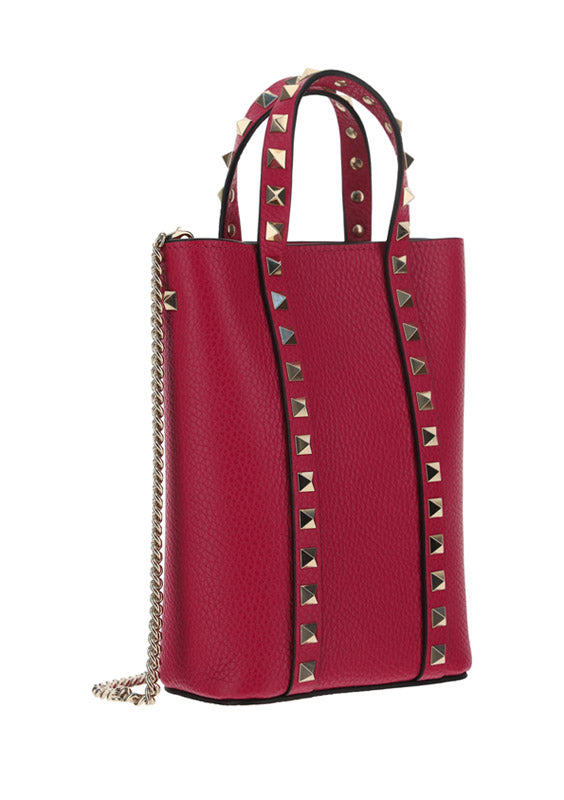 Rockstud Grainy Calfskin Leather Pouch With Chain - Blossom