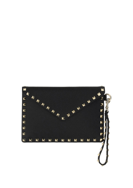 Rockstud Grainy Calfskin Pouch - Black