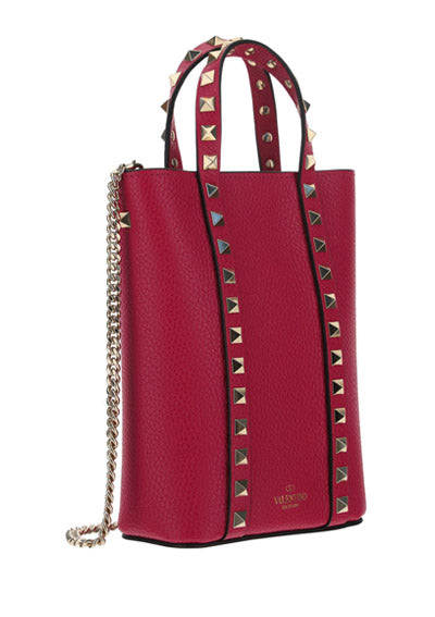 Rockstud Grainy Calfskin Leather Pouch With Chain - Blossom