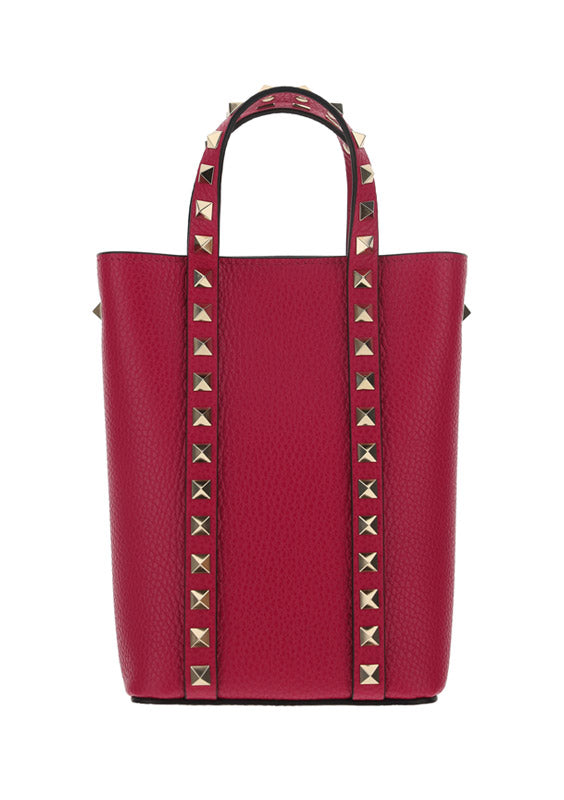 Rockstud Grainy Calfskin Leather Pouch With Chain - Blossom
