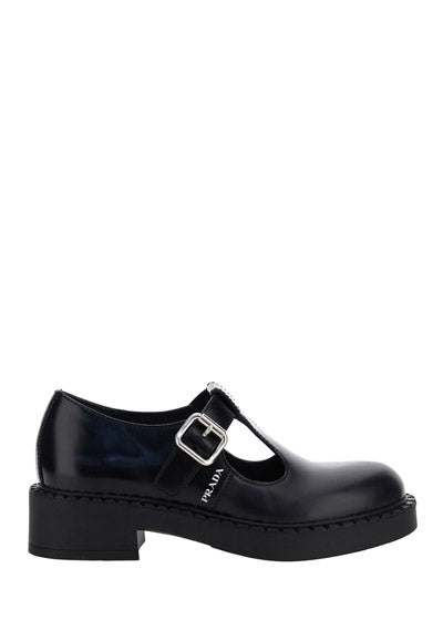 Brushed Leather Mary Jane T-strap Shoes - Black