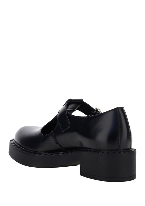 Brushed Leather Mary Jane T-strap Shoes - Black