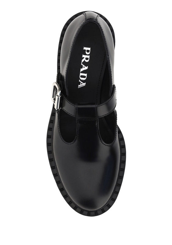 Brushed Leather Mary Jane T-strap Shoes - Black