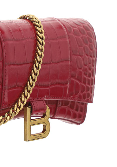 Hourglass Wallet In Shiny Crocodile Embossed Calfskin - Raspberry