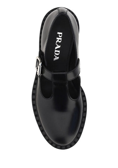 Brushed Leather Mary Jane T-strap Shoes - Black