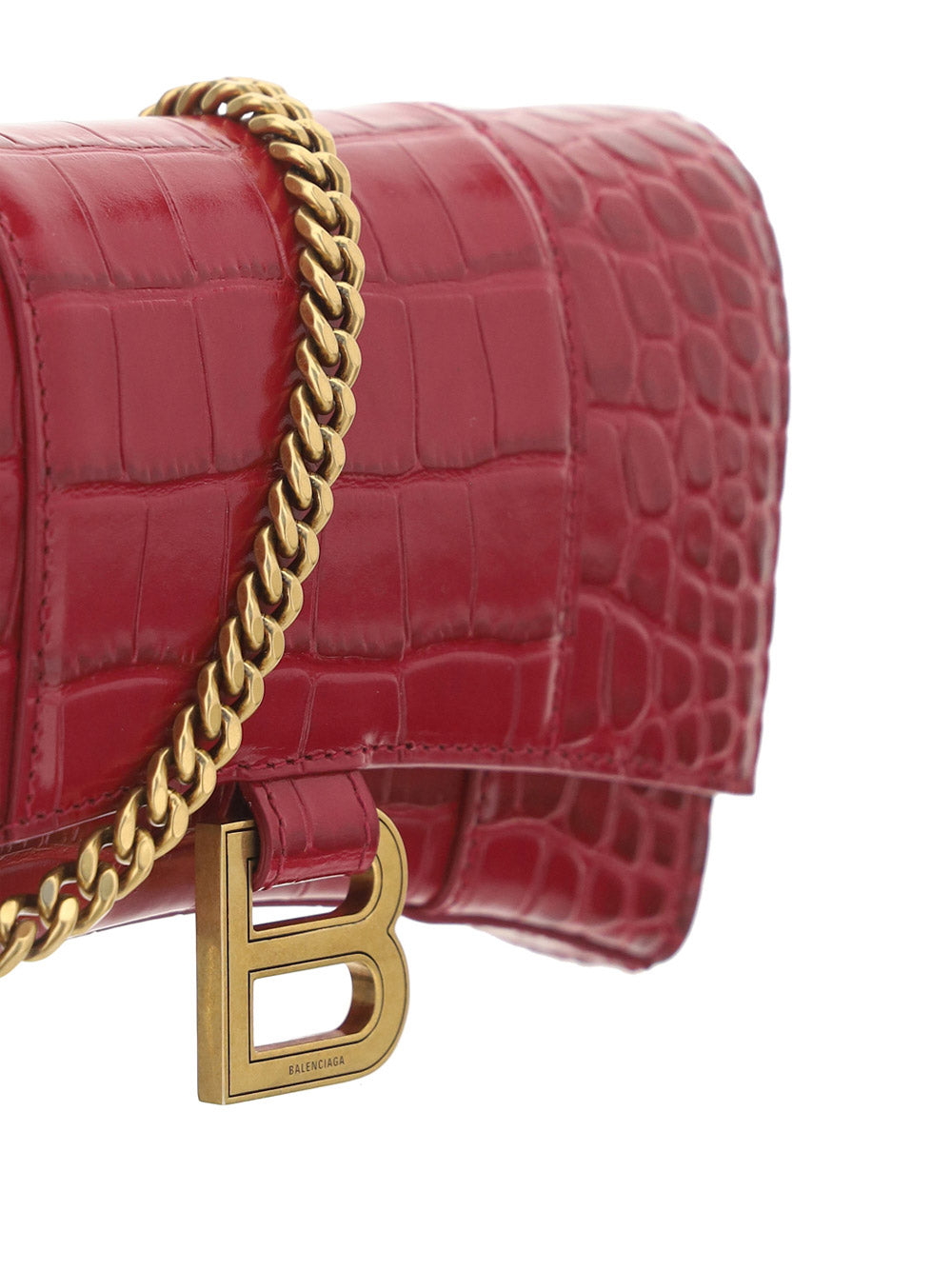 Hourglass Wallet In Shiny Crocodile Embossed Calfskin - Raspberry