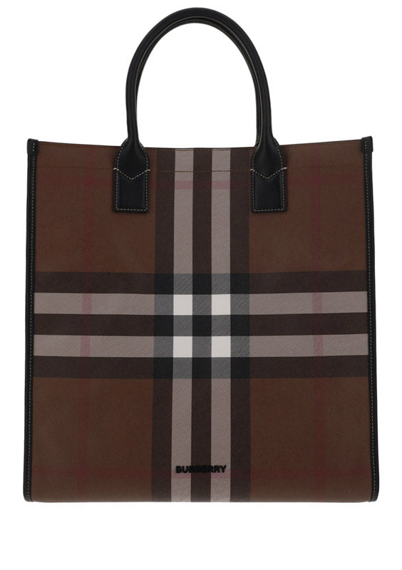 Check and Leather Tote - Dark Birch Brown