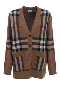 Check Wool Cashmere Jacquard Cardigan - Brown.