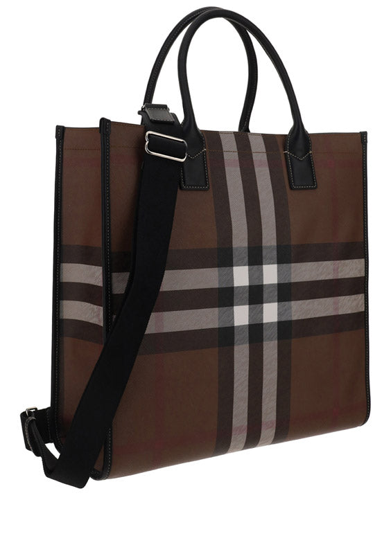 Check and Leather Tote - Dark Birch Brown