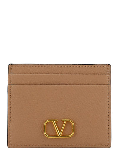 VLogo Signature Cardholder in Grainy Calfskin - Rose Canelle