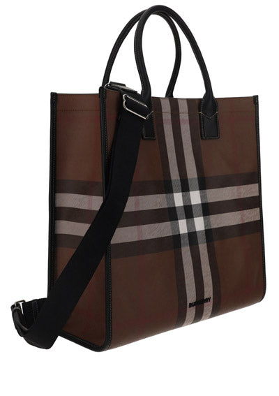 Check and Leather Tote - Dark Birch Brown