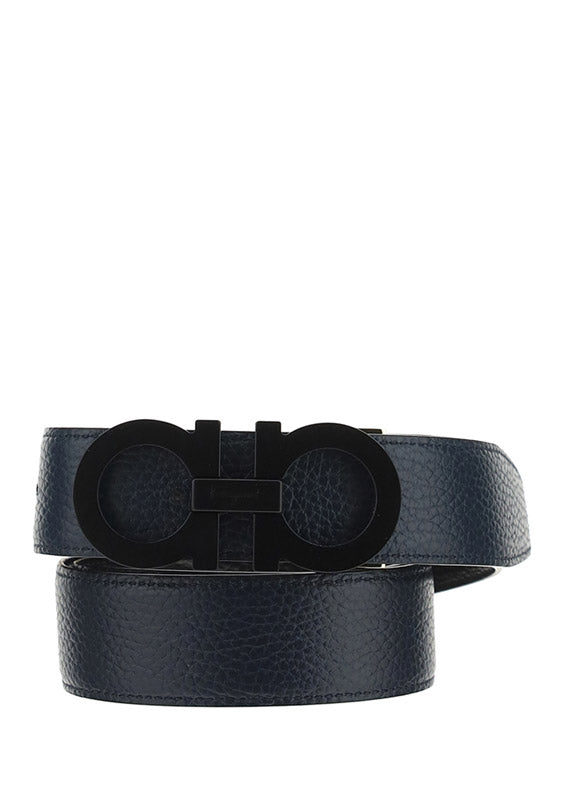 Reversible And Adjustable Gancini Belt - Black / Blue Marine
