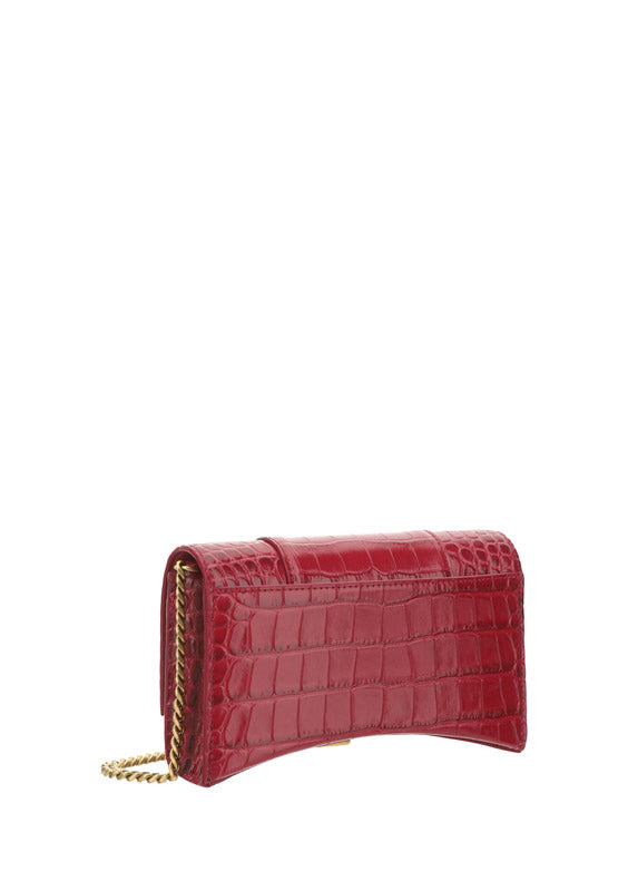 Hourglass Wallet In Shiny Crocodile Embossed Calfskin - Raspberry