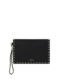 Rockstud Grainy Calfskin Pouch - Black