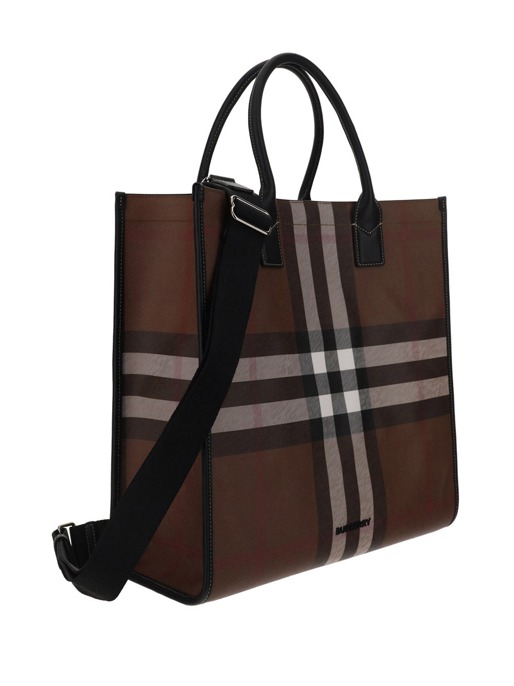 Check and Leather Tote - Dark Birch Brown