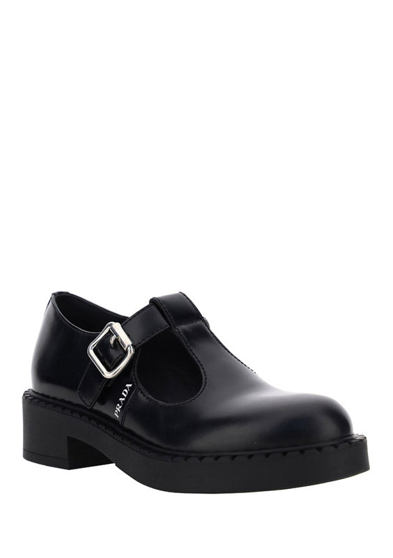 Brushed Leather Mary Jane T-strap Shoes - Black
