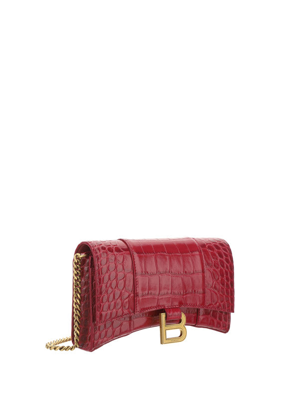 Hourglass Wallet In Shiny Crocodile Embossed Calfskin - Raspberry