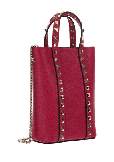 Rockstud Grainy Calfskin Leather Pouch With Chain - Blossom