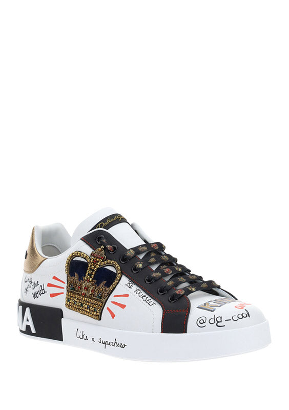 Portofino Sneakers In Printed Nappa Calfskin With Patch - White.