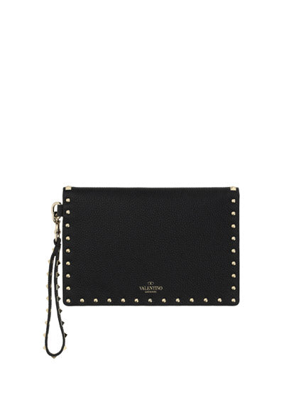 Rockstud Grainy Calfskin Pouch - Black
