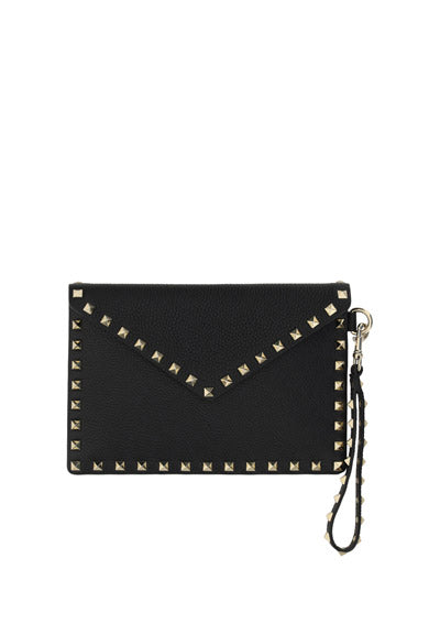 Rockstud Grainy Calfskin Pouch - Black