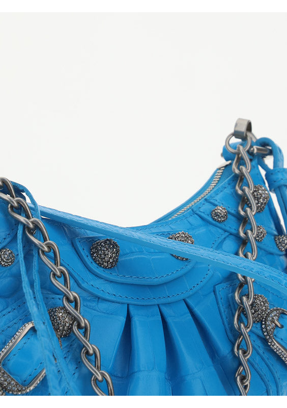 Le Cagole Mini Purse With Chain Crocodile Embossed With Rhinestones - Blue