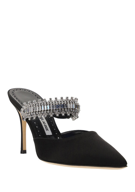 Lutara Satin Crystal Embellished Mules - Black