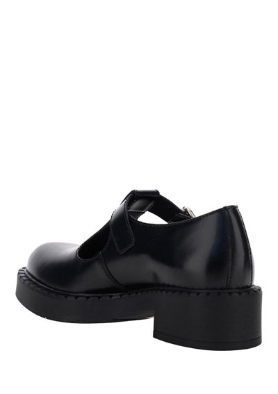 Brushed Leather Mary Jane T-strap Shoes - Black