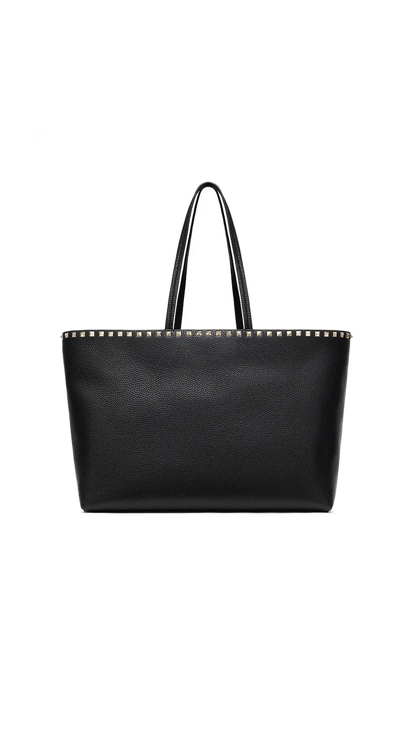 Large Grain Calfskin Leather Rockstud Shopping Bag - Black