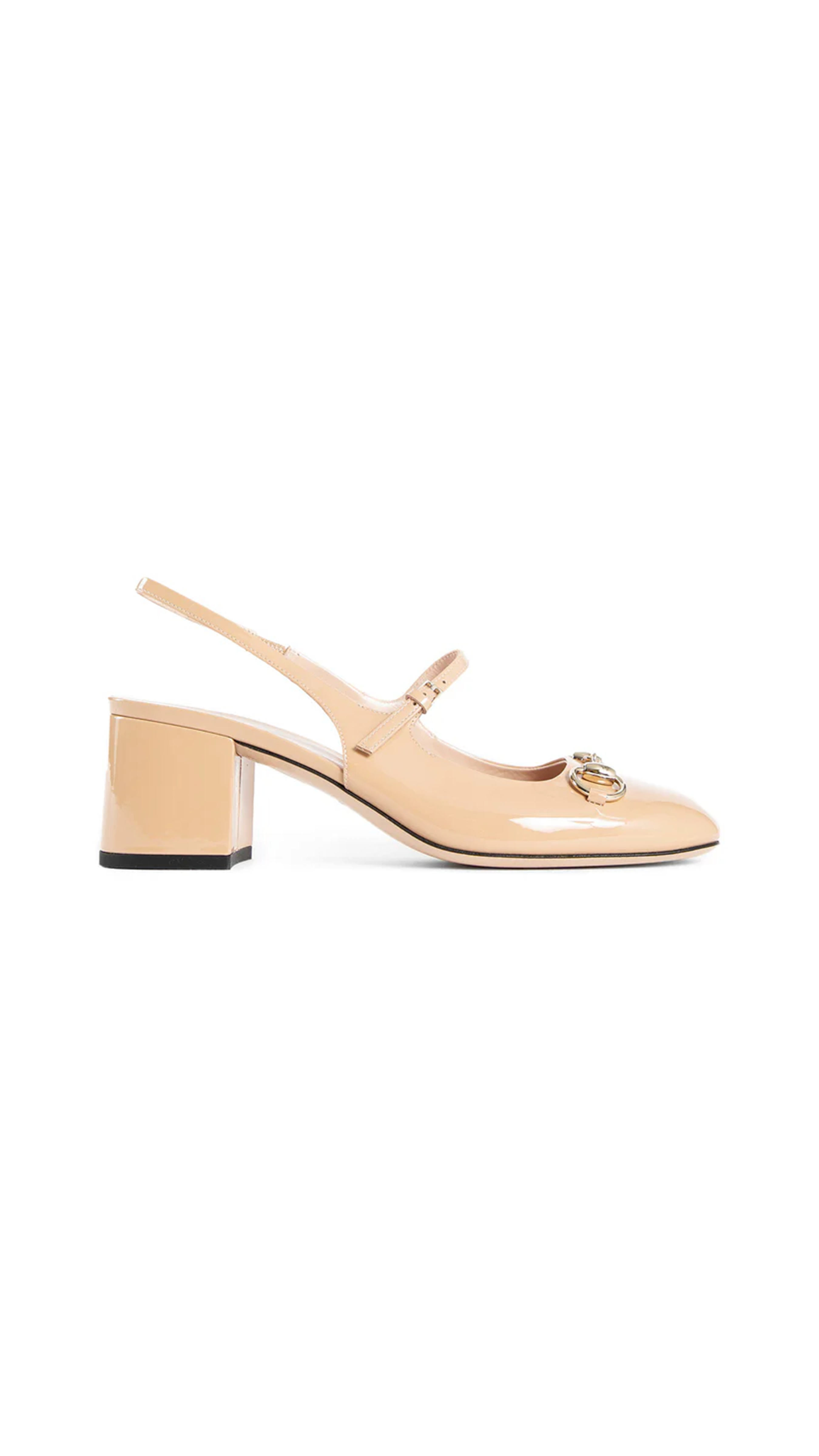 Horsebit Patent Strap Pump - Beige