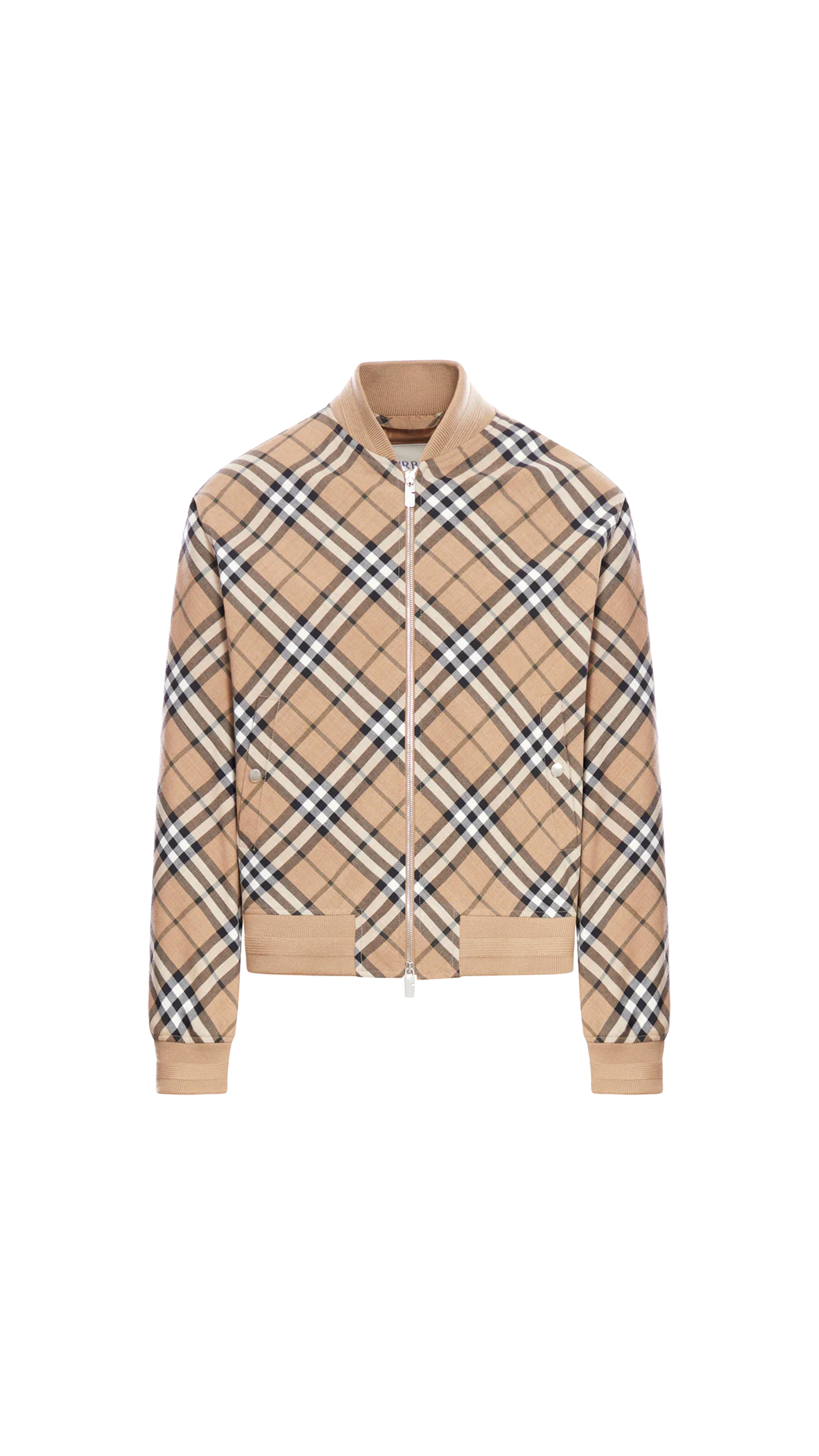 Check Wool Blend Harrington Jacket - Beige