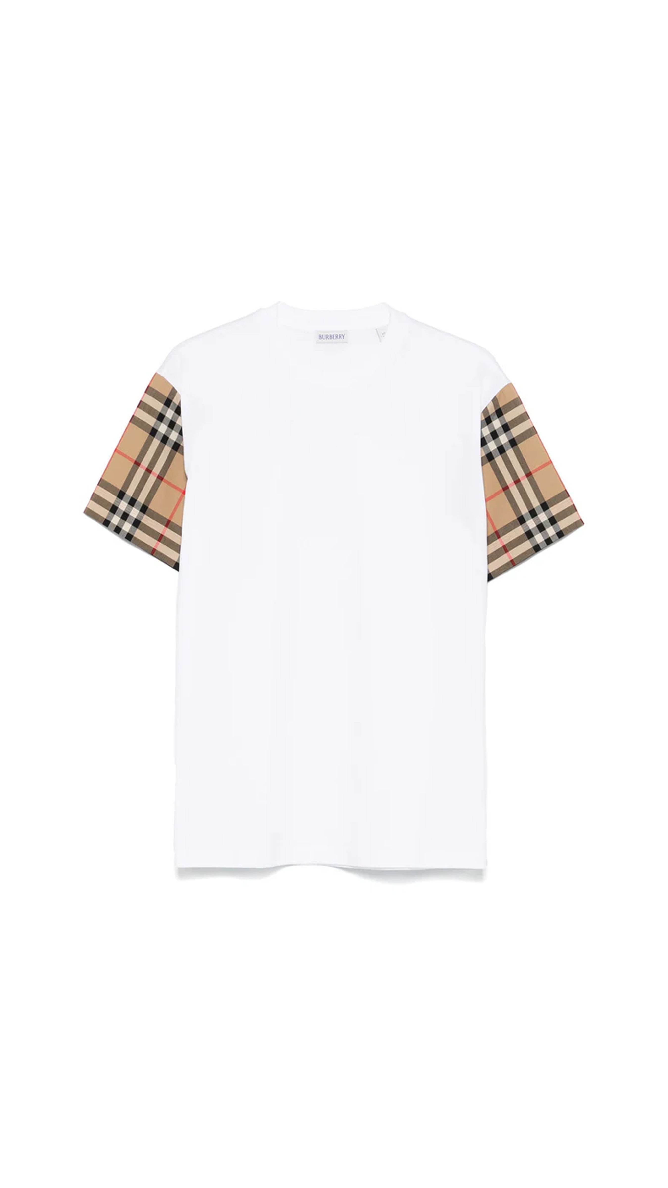Cotton T-shirt With Check Sleeves - White