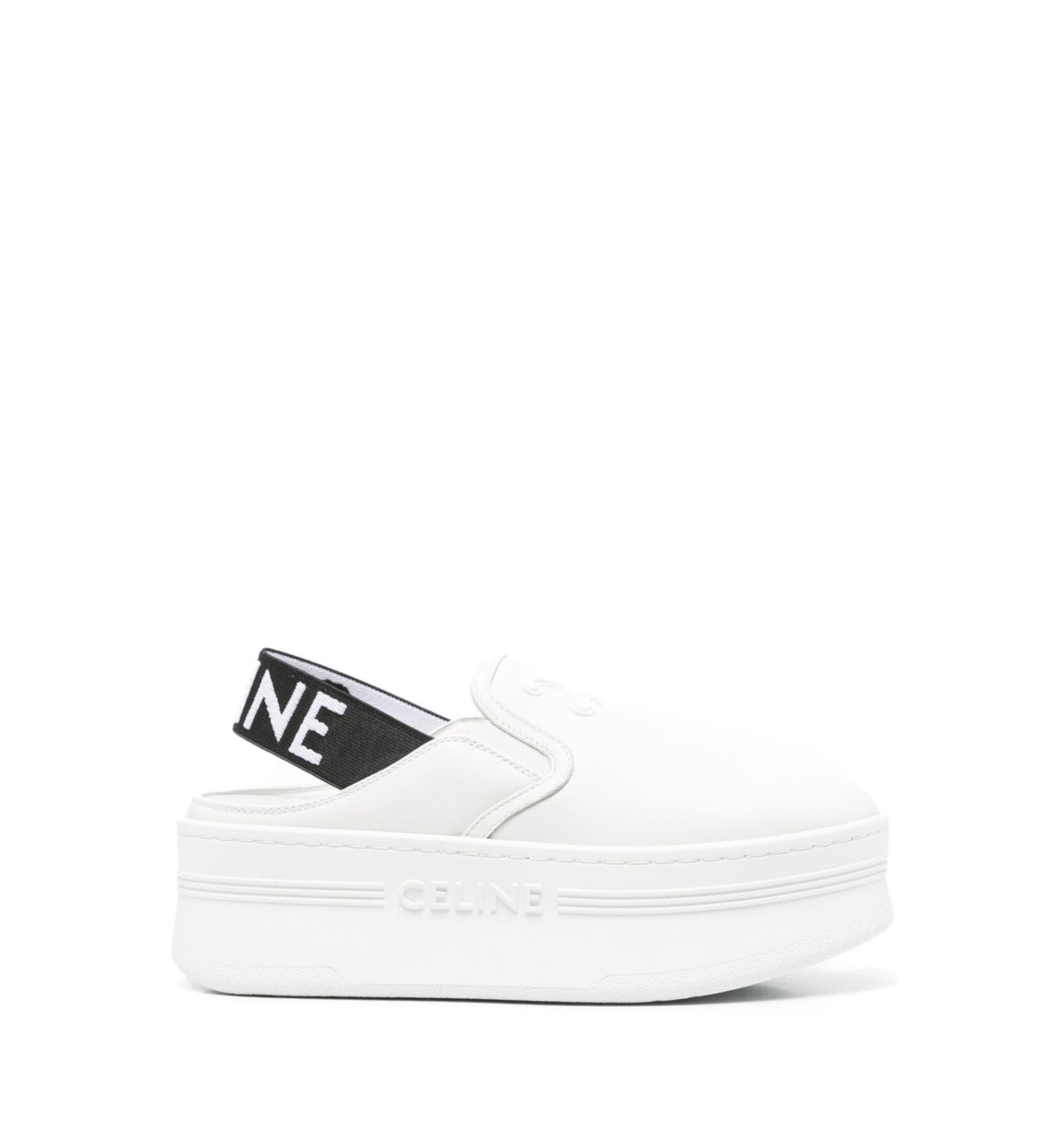 Block Wedge Mule in Calfskin and Textile with Celine Jacquard - White