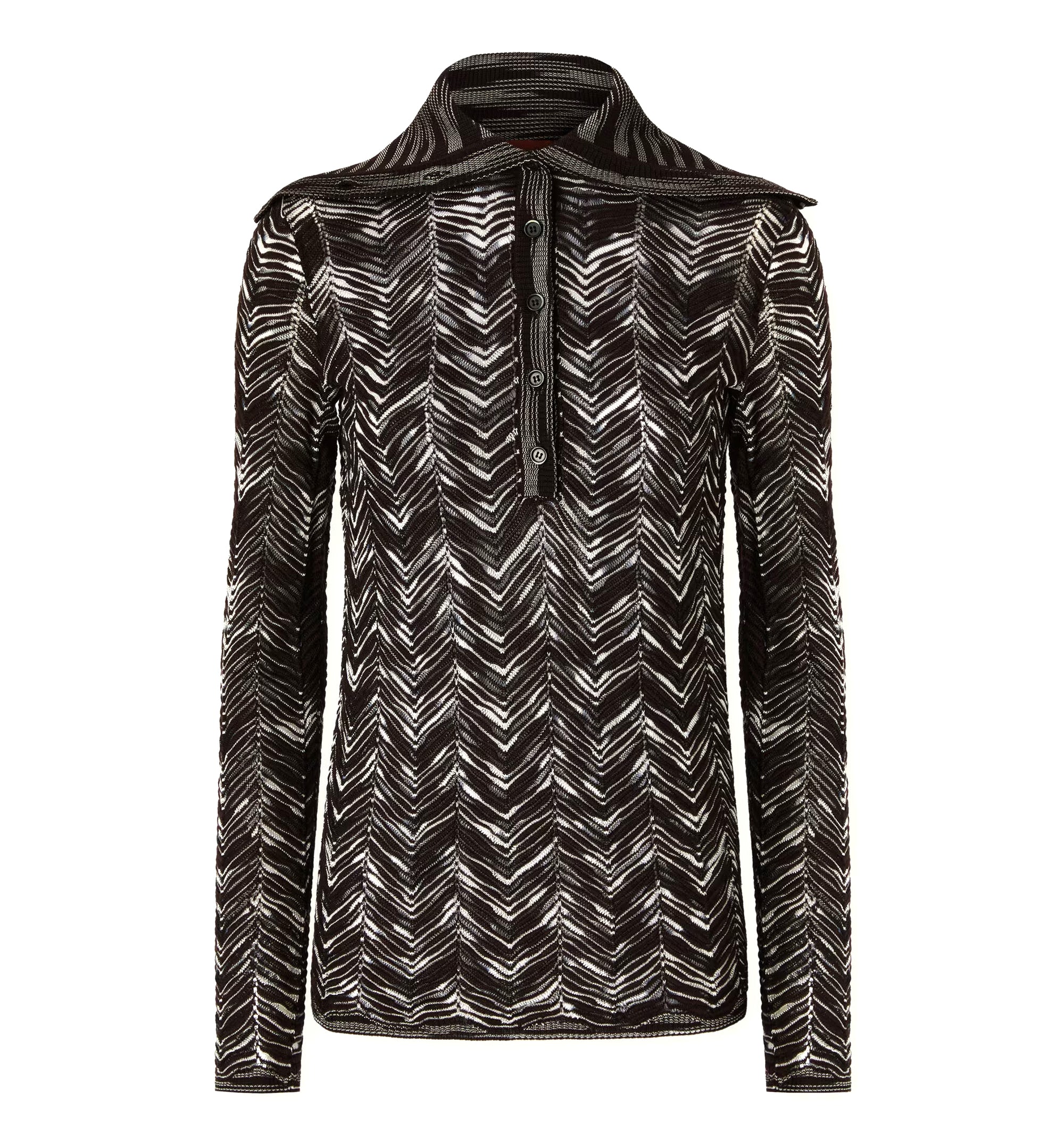 High-neck Buttoned Sweater With Chevron Pattern - Brown