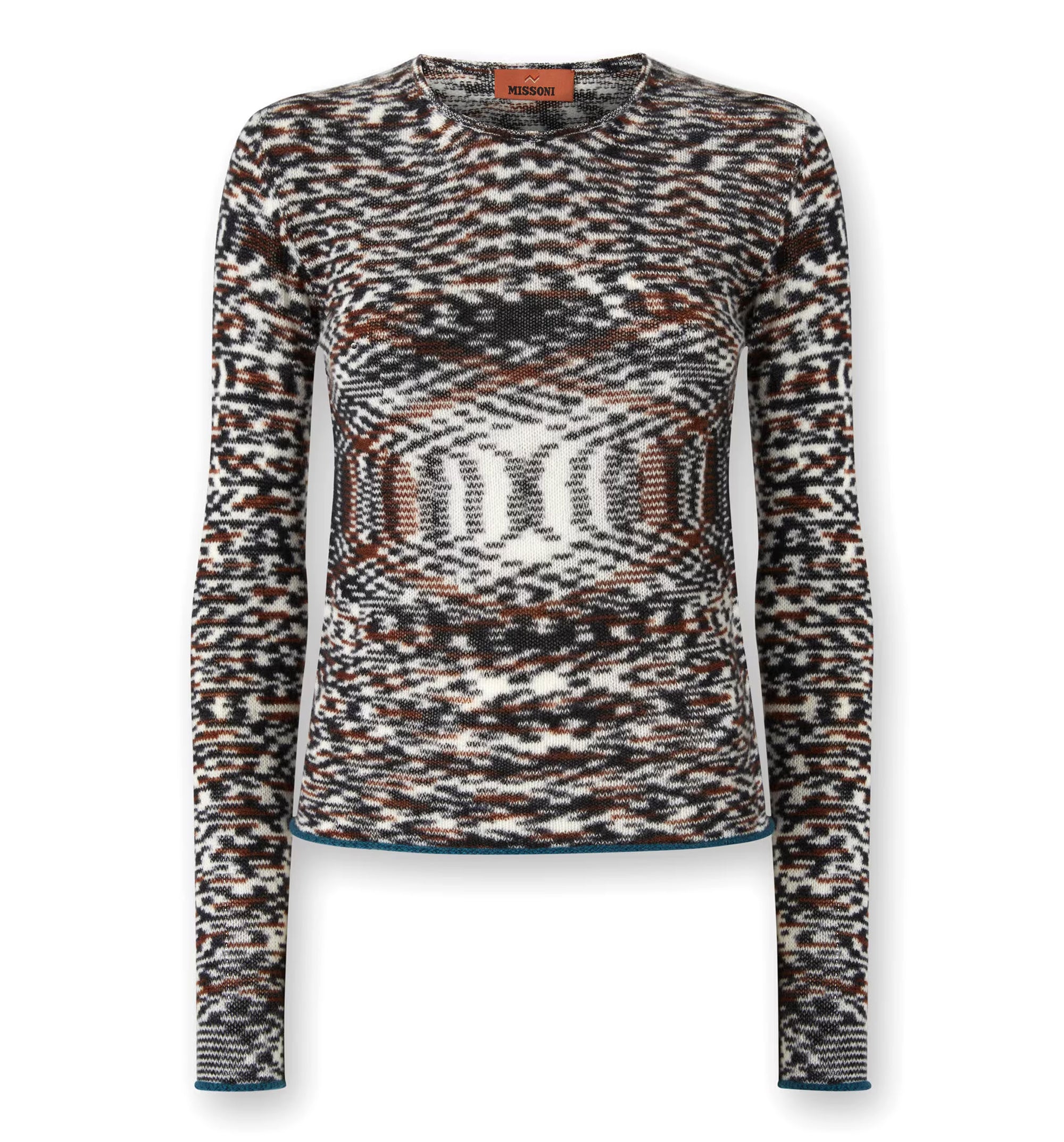 Crew Neck Sweater With Flame Pattern In Cashmere Blend - Black / Brown