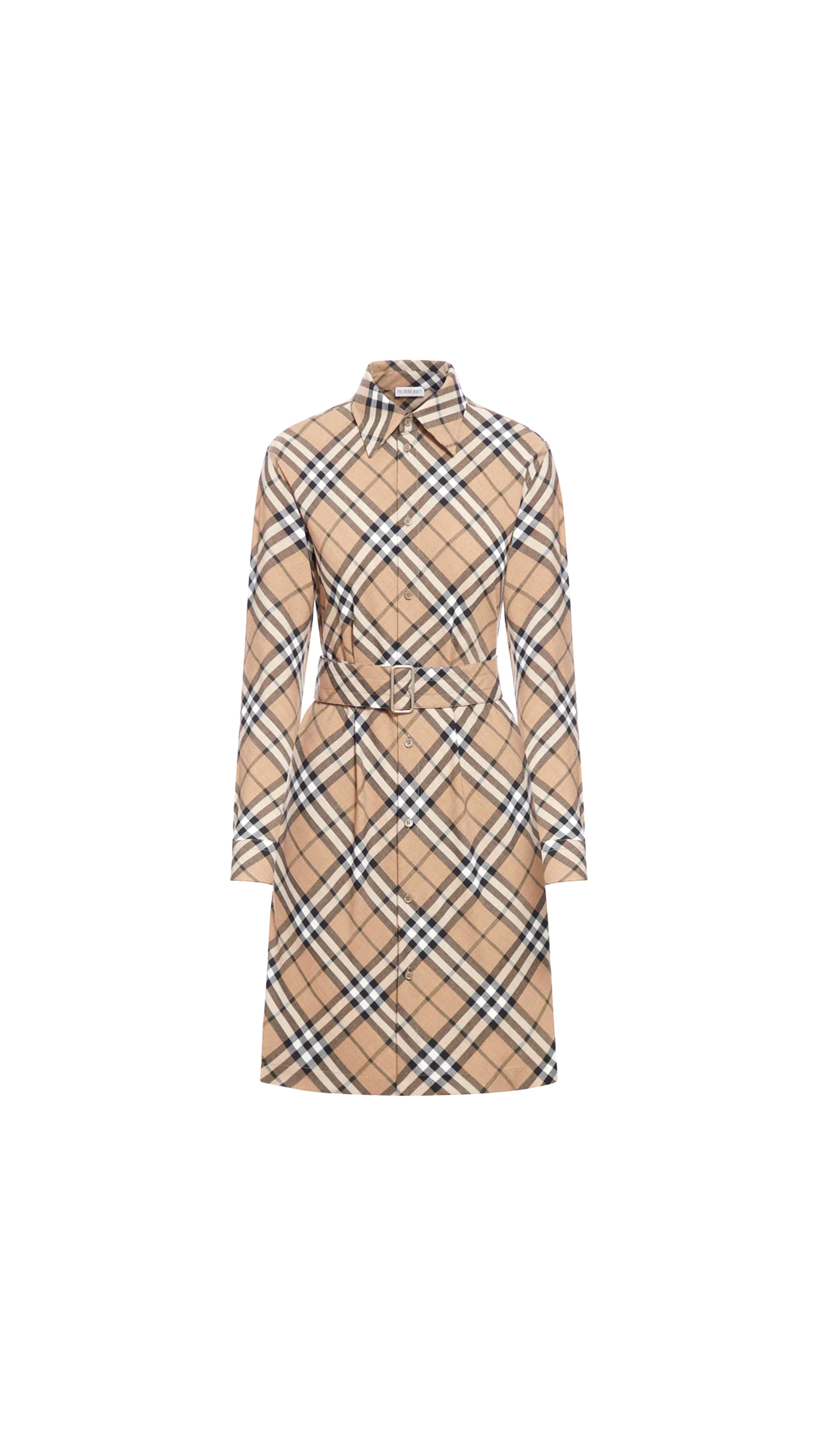 Check Wool Blend Shirt Dress - Beige