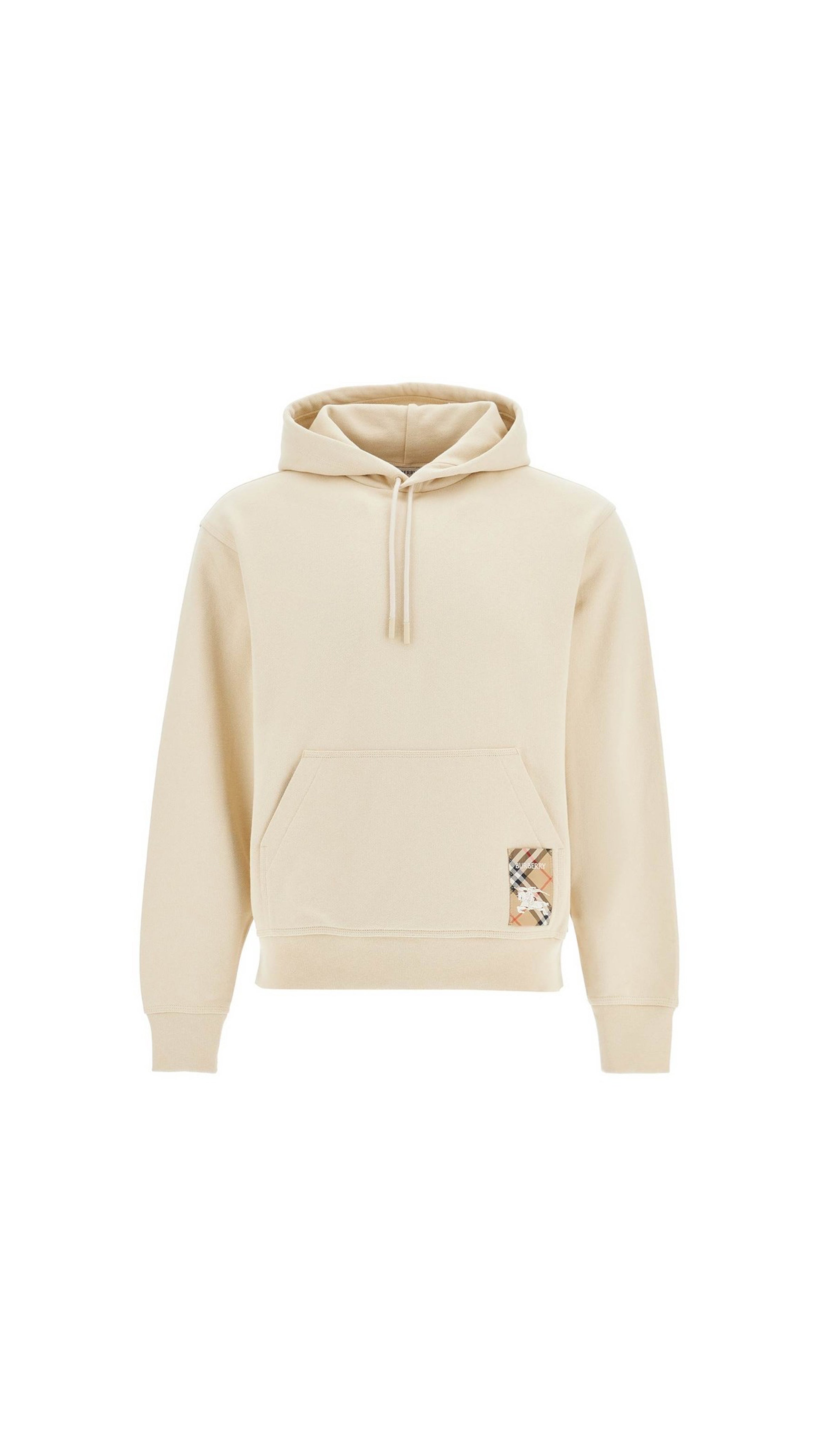 Check Label Cotton Hoodie - Beige