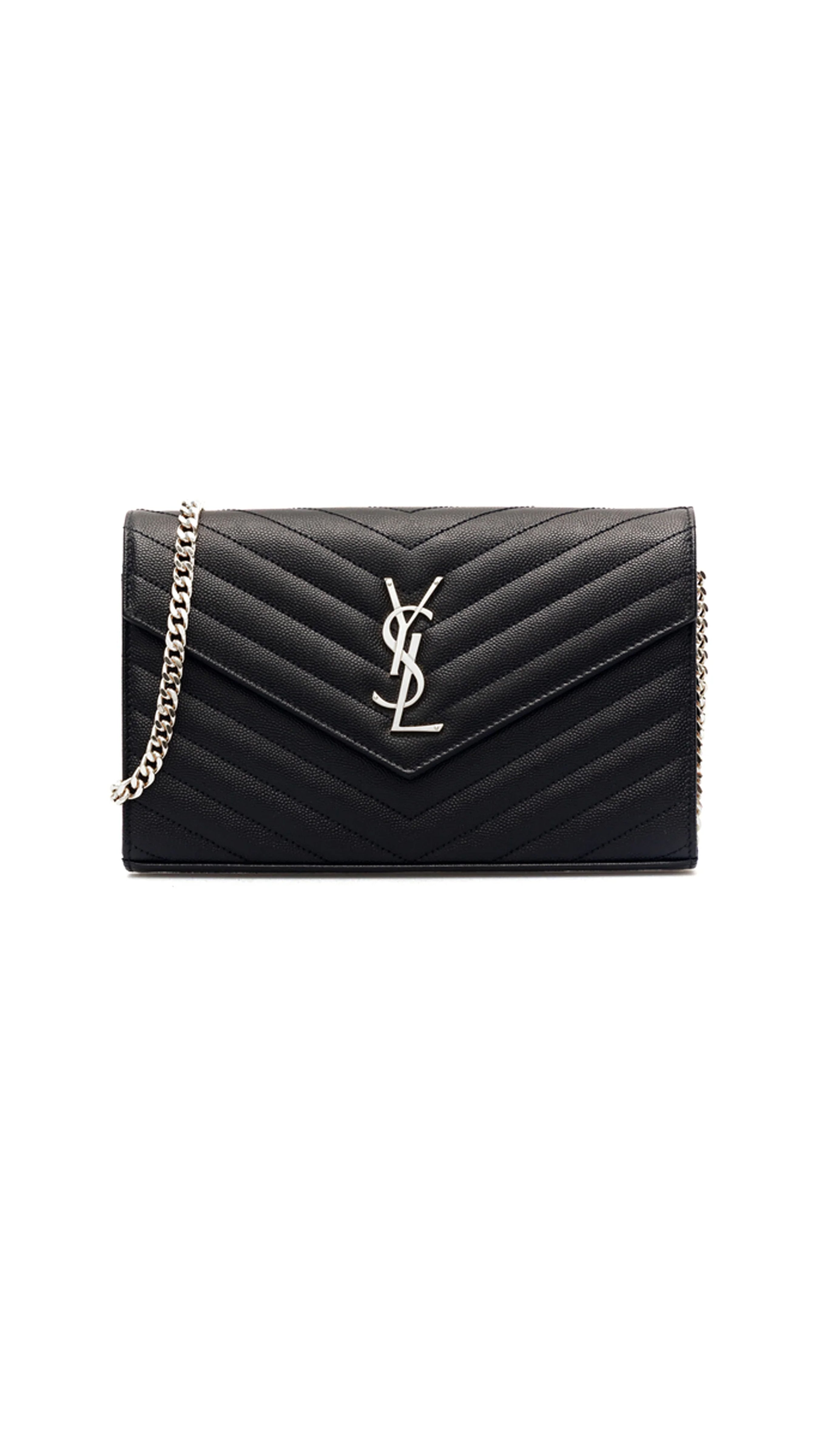 Cassandre Matelassé Envelope Chain Wallet in Gain de Poudre Embossed Leather - Black